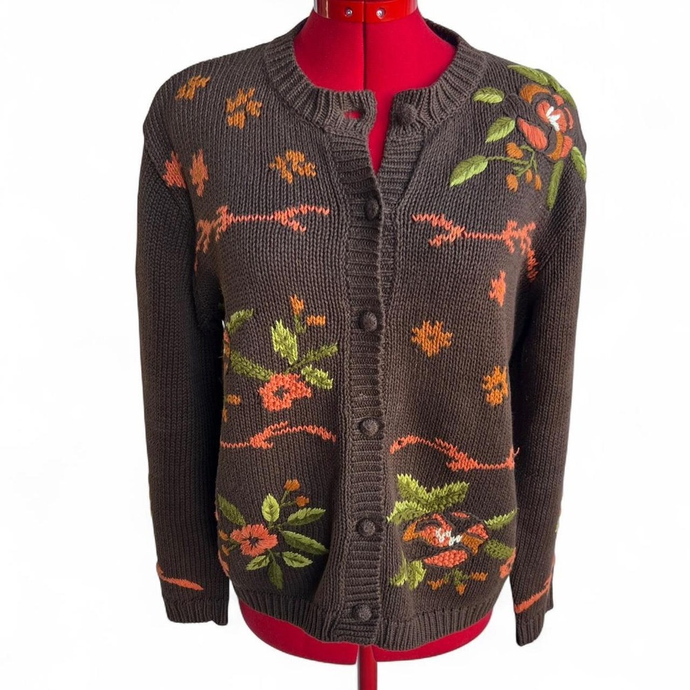 VTG David Loren Brown & Orange Floral Embroidered Cardigan Cottagecore Grandma